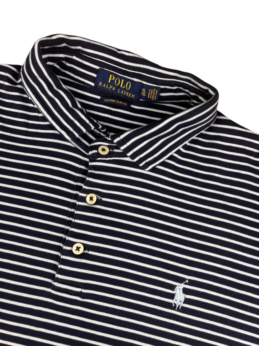 Polo Ralph Lauren Polo Shirt Mens XL‎ Custom Slim Fit Navy White Striped Cotton
